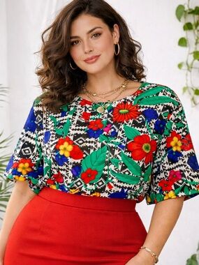 Vintage Top Notch Floral Geometric Blouse Women 20W USA Bold 90s Retro Plus Size